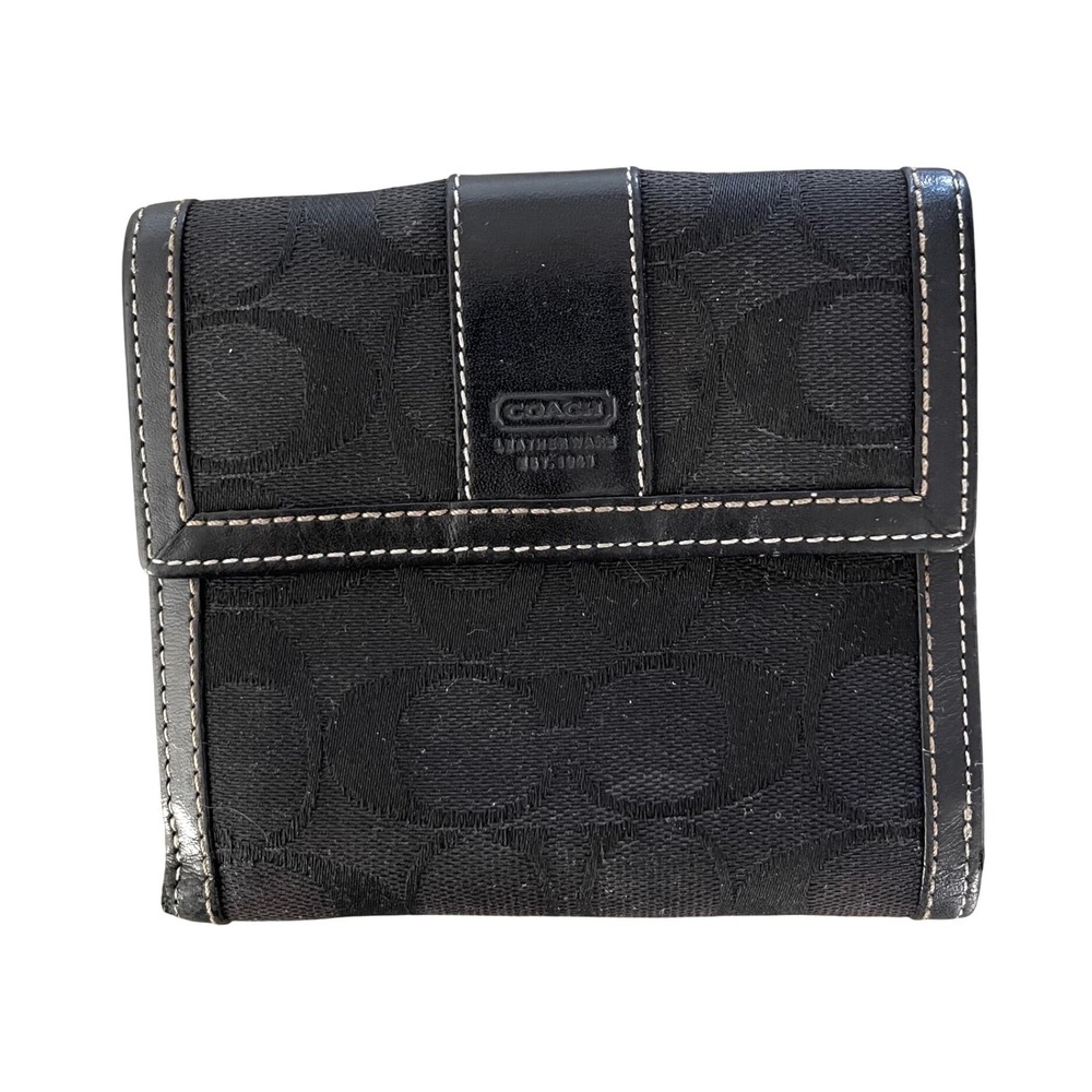 Coach Vintage Black Signature Jacquard  Bifold Wallet Leather Trim Monogram Snap